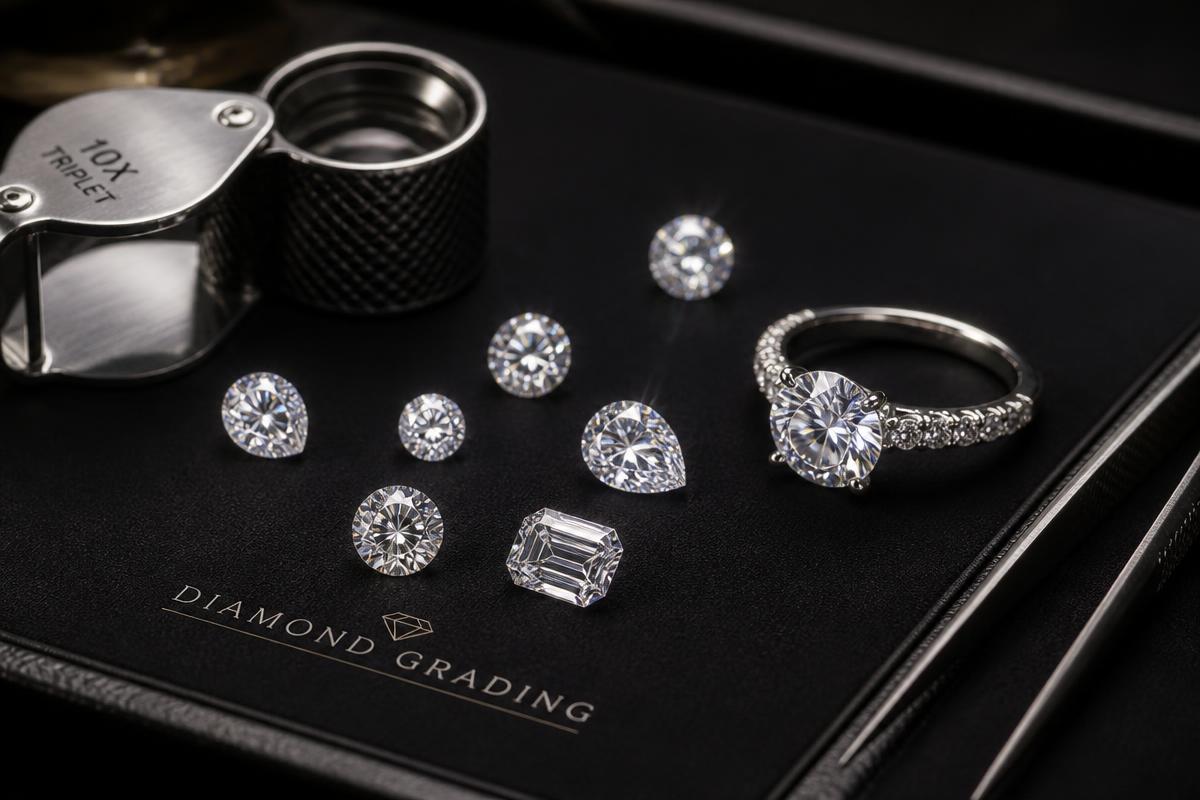 Diamond engagement ring and loose diamonds being professionally evaluated at Golden Jewelers in Cinnaminson, NJ
