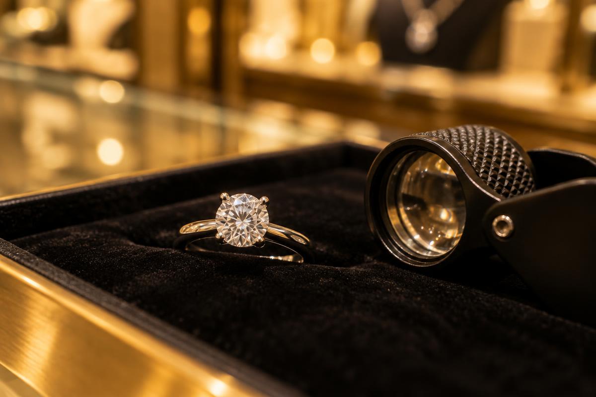 Diamond solitaire engagement ring and jeweler's loupe on a velvet tray during a cash evaluation at Golden Jewelers in Cinnaminson, NJ