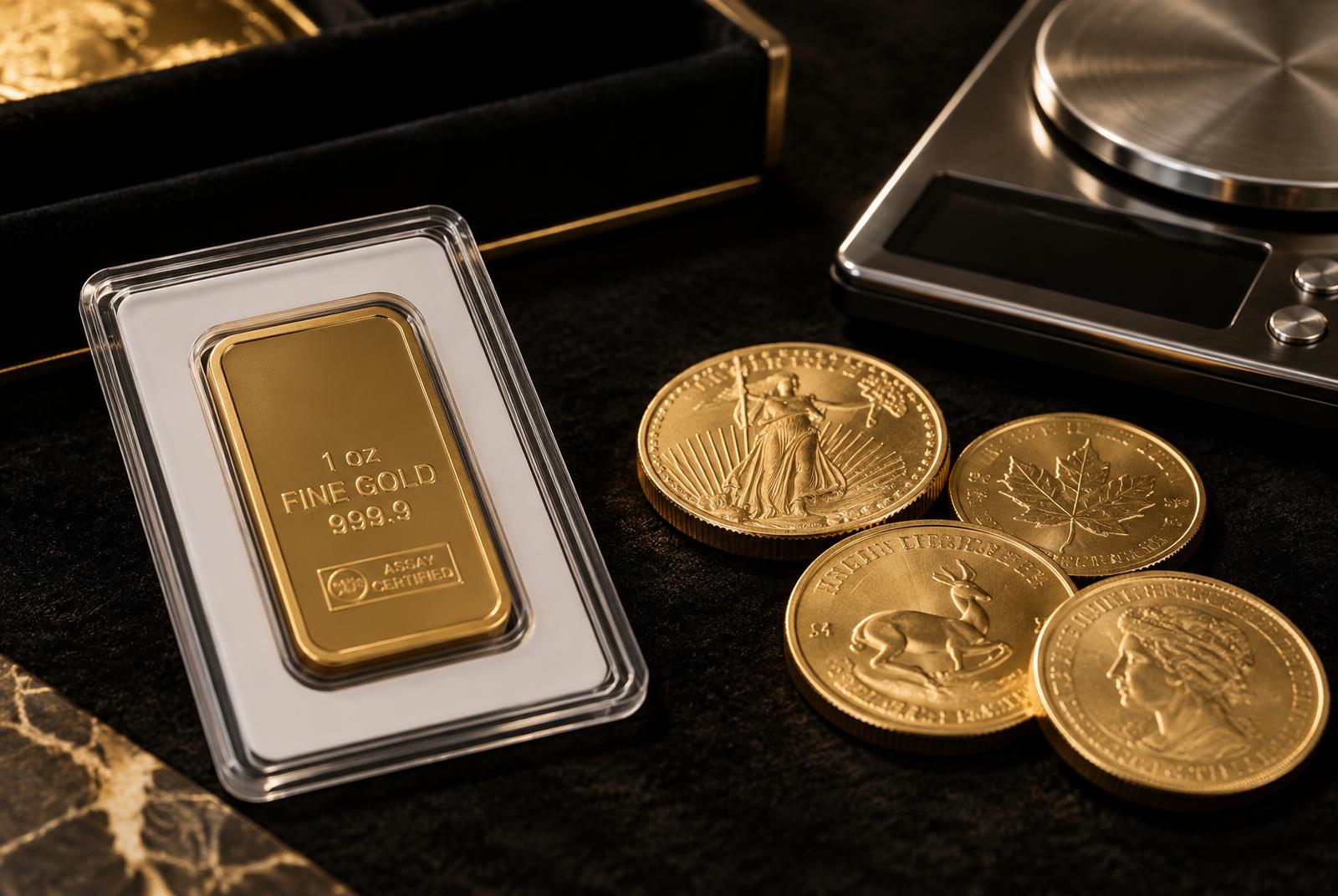 One-ounce gold bullion bar in assay packaging with gold coins and a precision scale for professional evaluation