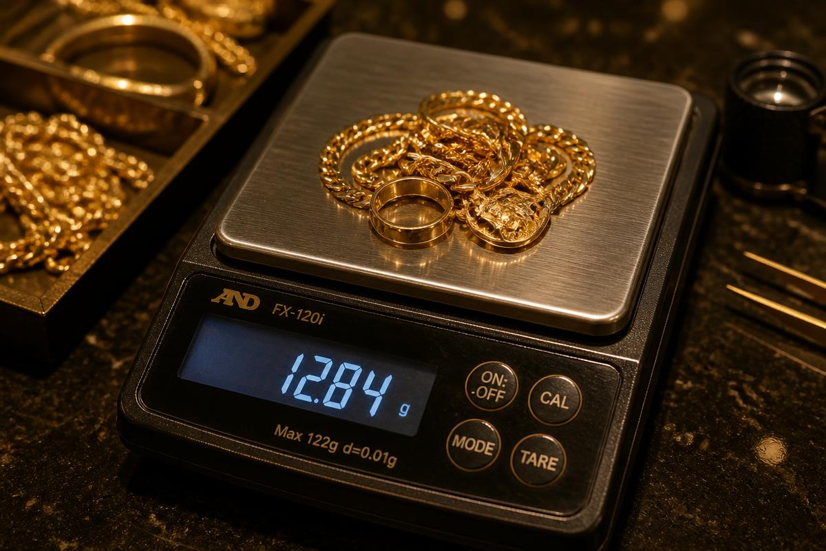 Gold jewelry, chains and rings being weighed and appraised for cash at Golden Jewelers in Cinnaminson, NJ