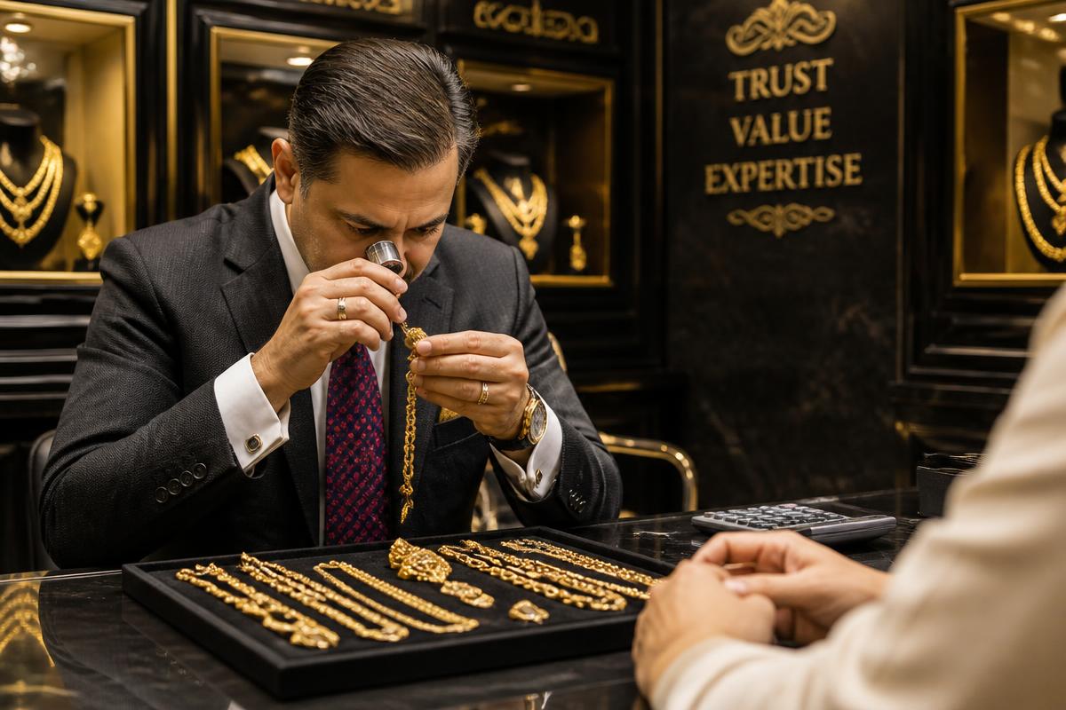 Professional gold buyer in Cinnaminson, NJ weighing and karat-testing gold jewelry, chains and rings