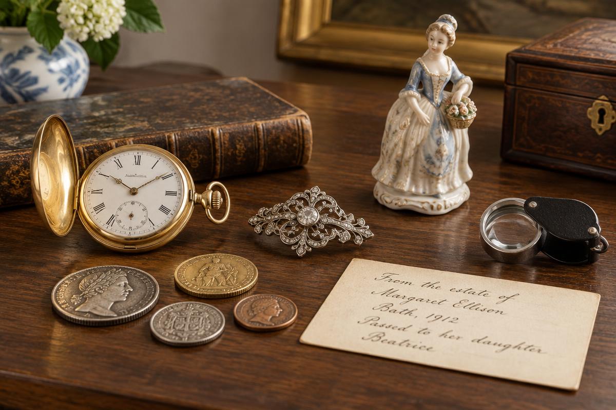 Small antiques including a vintage pocket watch, brooch, coins and porcelain figurine arranged for appraisal