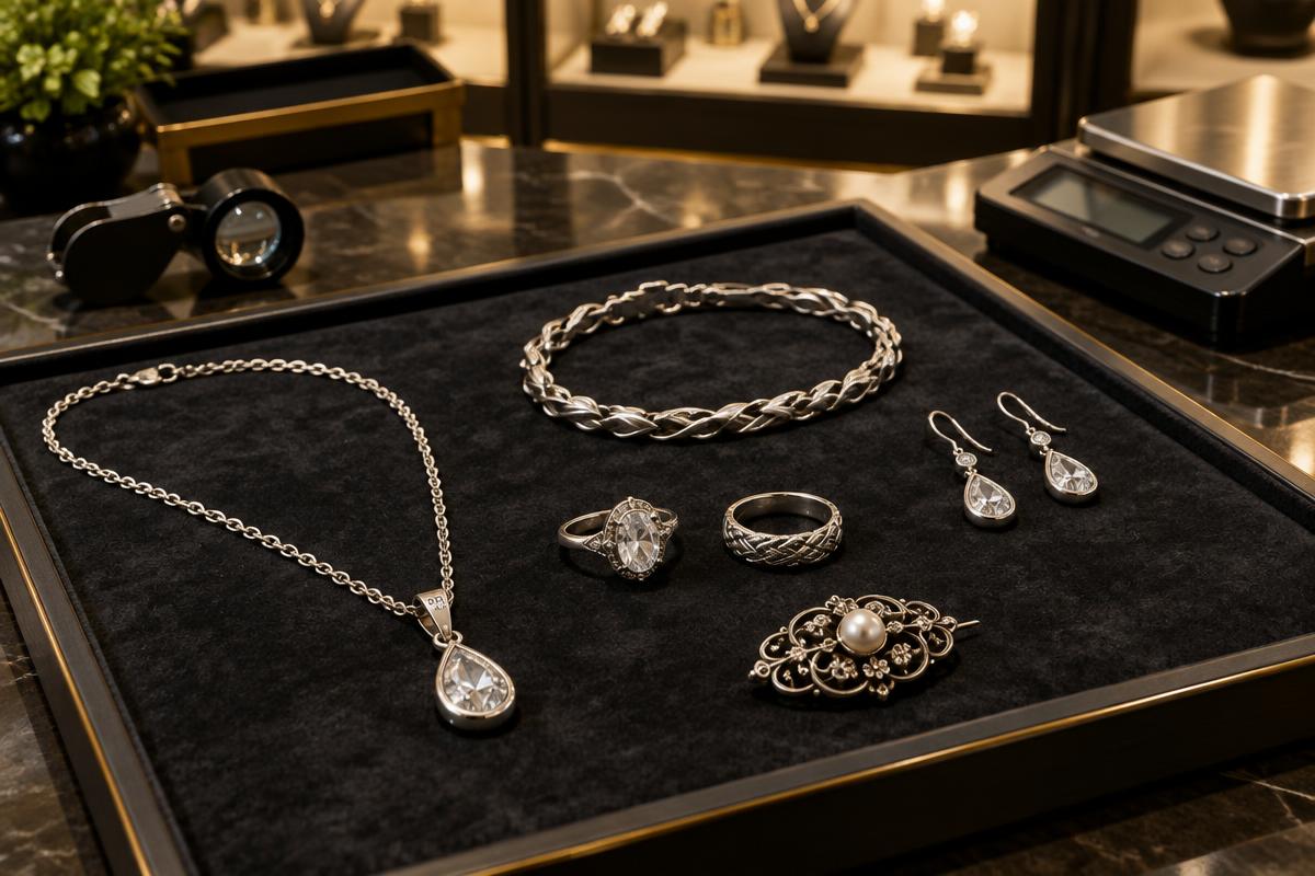 Sterling silver necklaces, rings, earrings and an antique brooch arranged for a professional appraisal in Cinnaminson, New Jersey